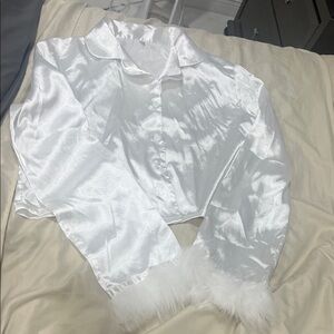 White Satin Button-Up Top with Feather Cuffs